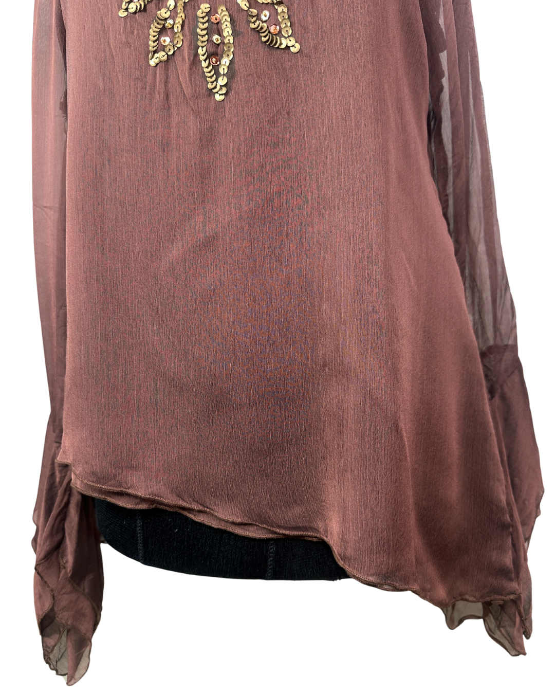 Sequin Embroidered Asymmetrical Blouse with Bell Sleeves