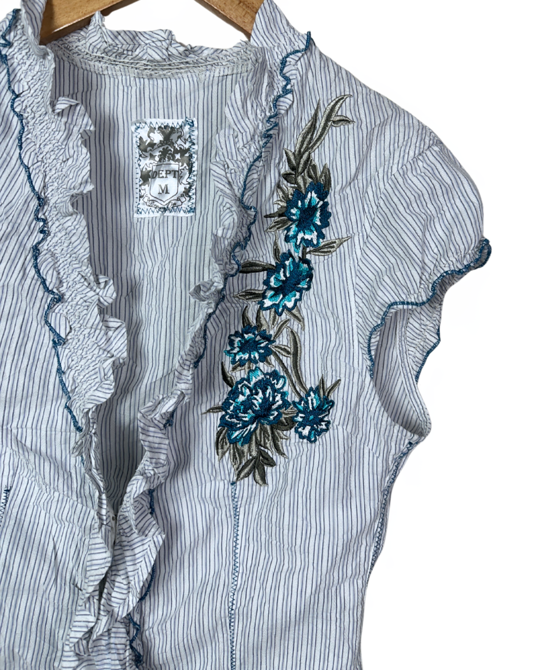 Vintage DEPT Striped Ruffle Blouse with Embroidery – Medium