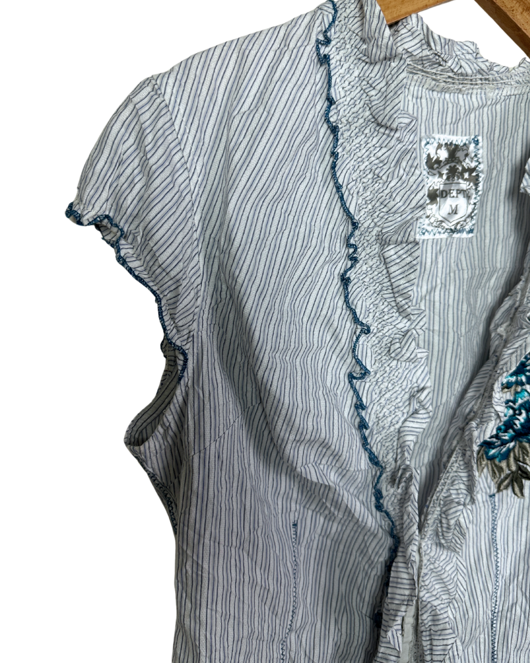 Vintage DEPT Striped Ruffle Blouse with Embroidery – Medium