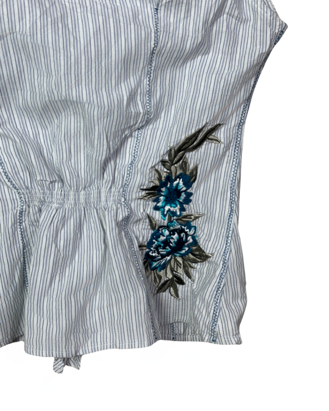 Vintage DEPT Striped Ruffle Blouse with Embroidery – Medium
