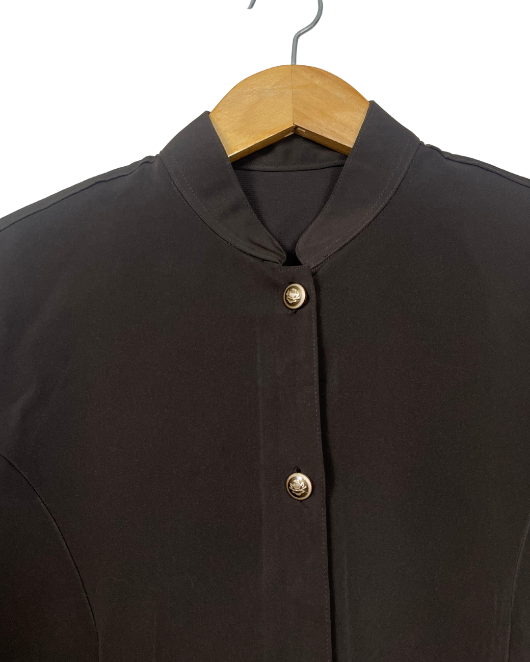 Mandarin Collar Brown Women's Shirt with Gold Crest Buttons