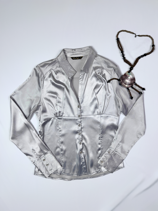 Vintage Silver Satin Fitted Shirt Medium