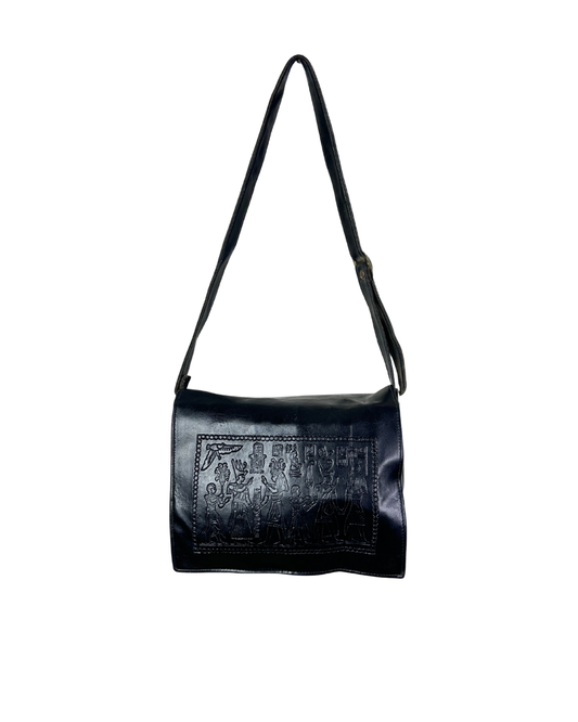 Vintage Hieroglyphic Embossed Genuine Leather Shoulder Bag