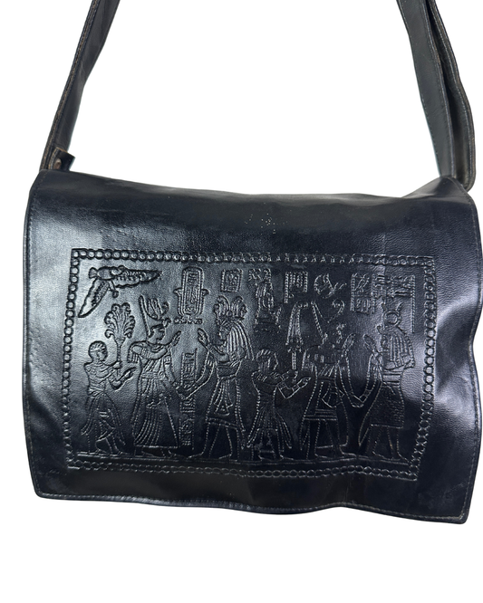 Vintage Hieroglyphic Embossed Genuine Leather Shoulder Bag