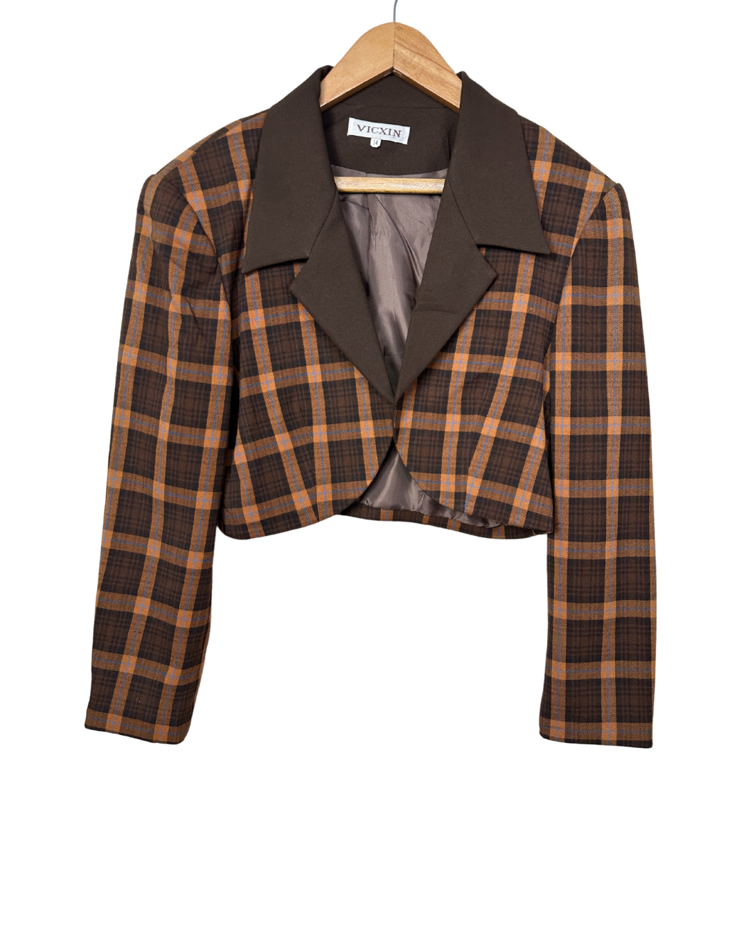 Brown Plaid Cropped Women's Open Front Blazer
