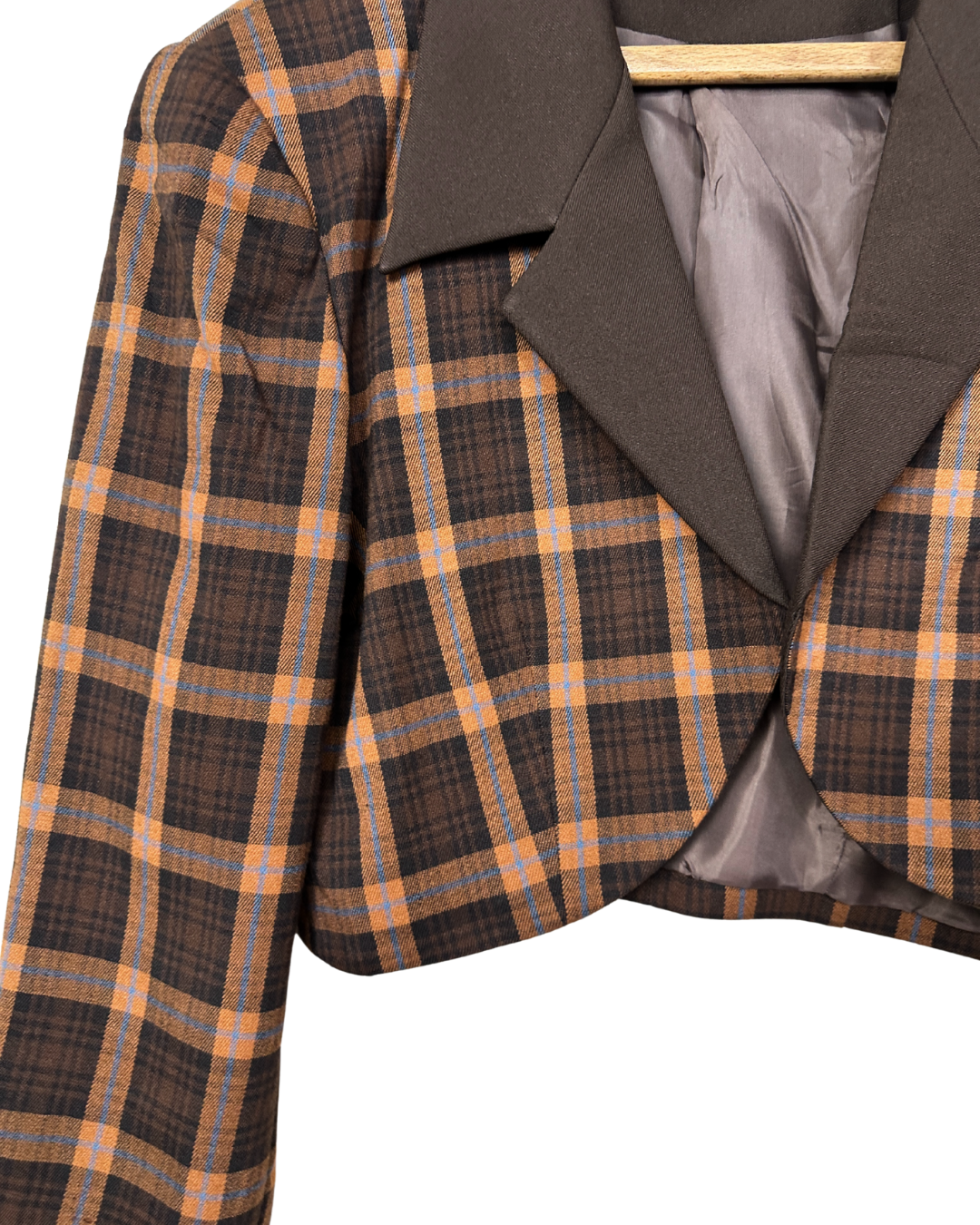 Brown Plaid Cropped Women's Open Front Blazer
