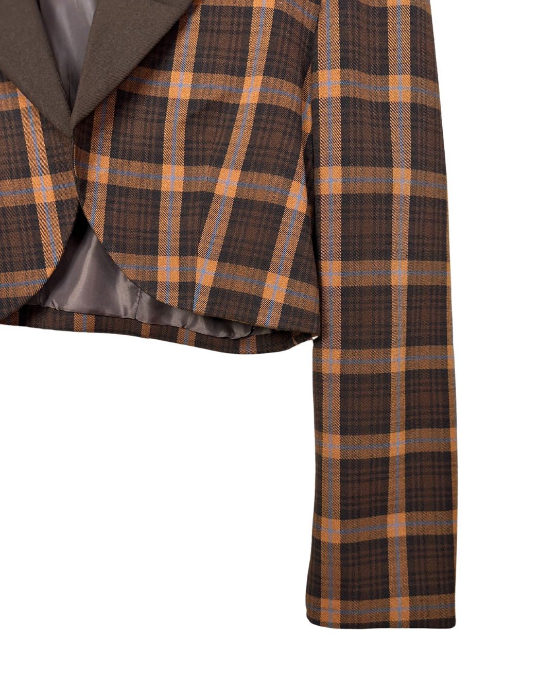 Brown Plaid Cropped Women's Open Front Blazer