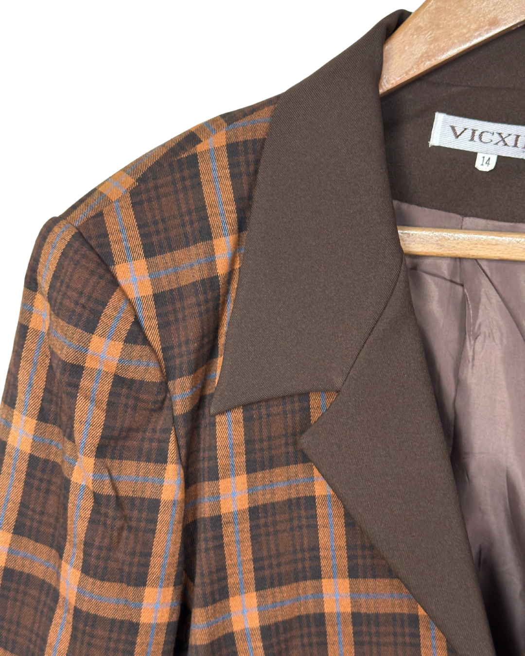 Brown Plaid Cropped Women's Open Front Blazer