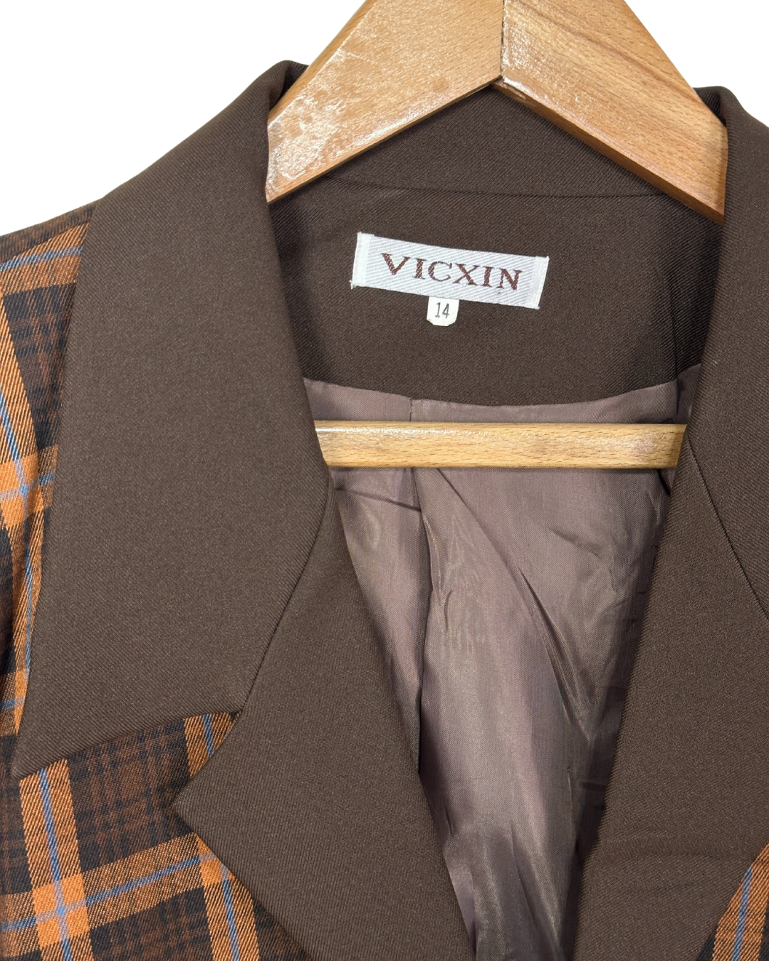 Brown Plaid Cropped Women's Open Front Blazer