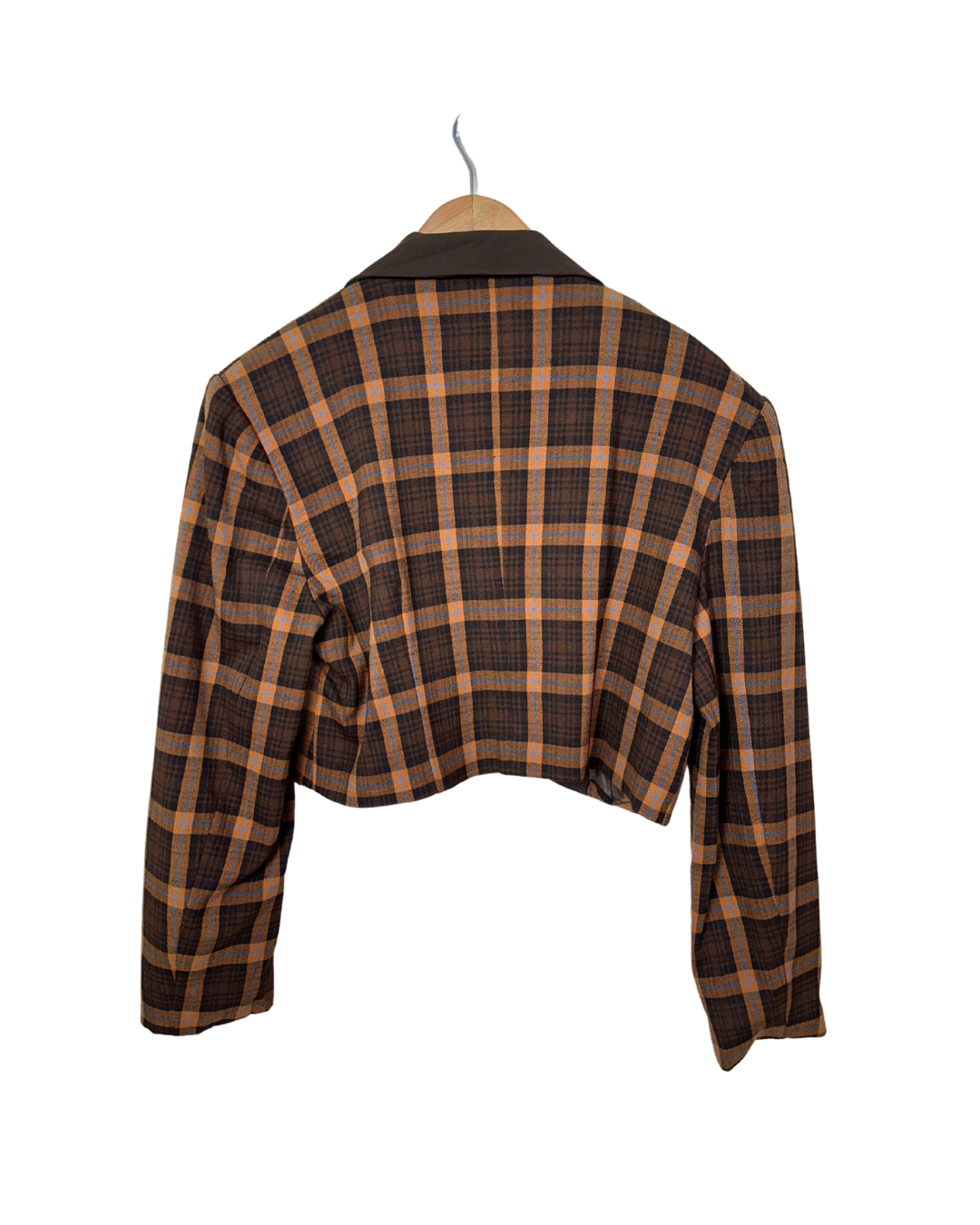 Brown Plaid Cropped Women's Open Front Blazer