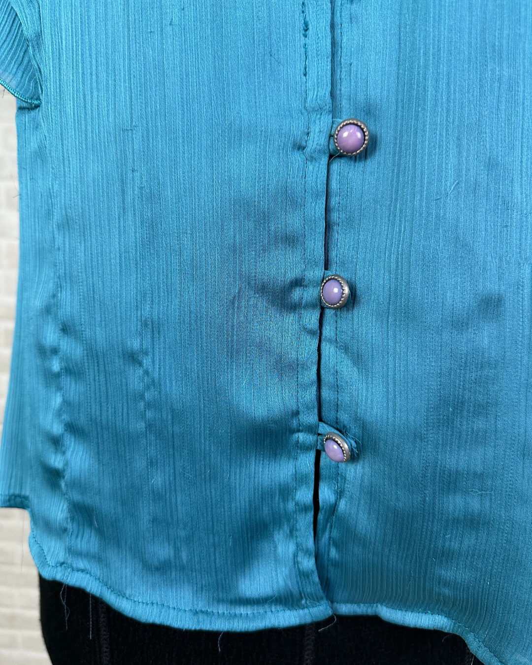 Le Mirage Teal Satin Button Up Blouse