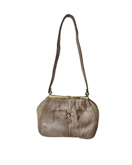 Vintage Taupe Genuine Leather Shoulder Bag with Floral Appliqué