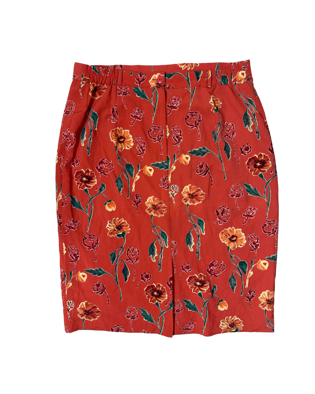 Vintage Rust Red Floral Midi Skirt – Size EU 46