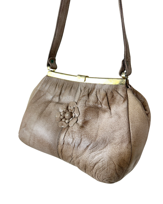 Vintage Taupe Genuine Leather Shoulder Bag with Floral Appliqué