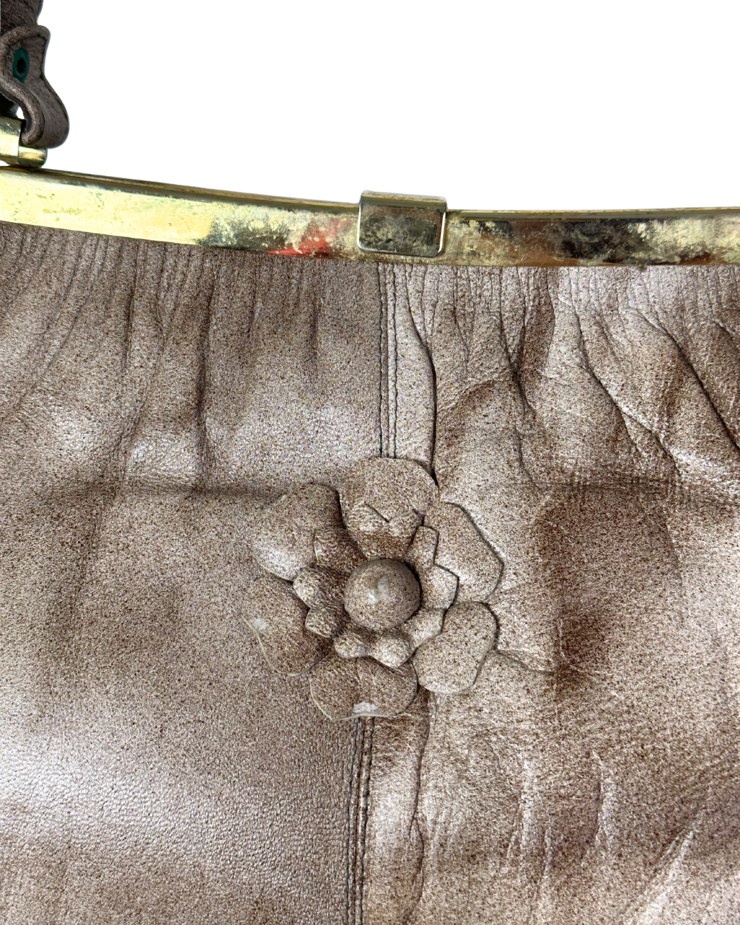 Vintage Taupe Genuine Leather Shoulder Bag with Floral Appliqué