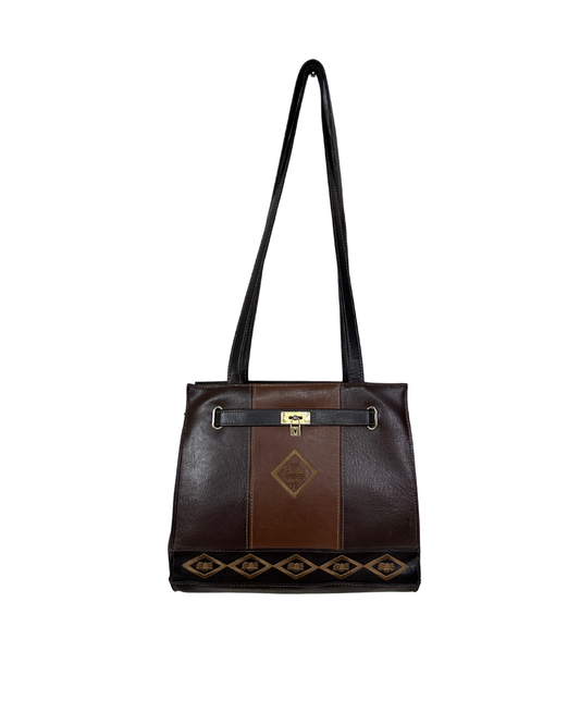 Vintage 1980s Belle Paris Brown Two-Tone Handbag with Gold Lock Detail