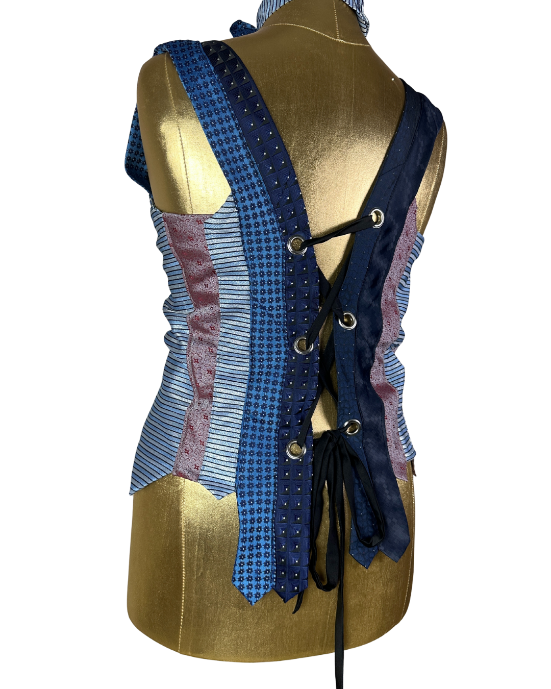 Handmade Upcycled Necktie Lace-Up Vest Top with Choker