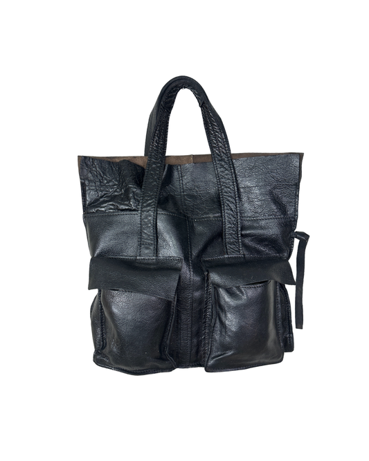 MNG Accessories Black Genuine Leather Tote Bag with Front Pockets