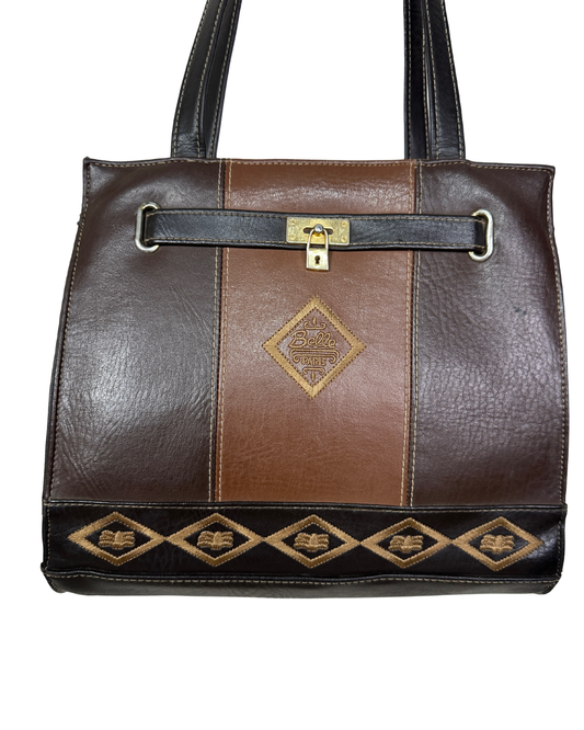 Vintage 1980s Belle Paris Brown Two-Tone Handbag with Gold Lock Detail