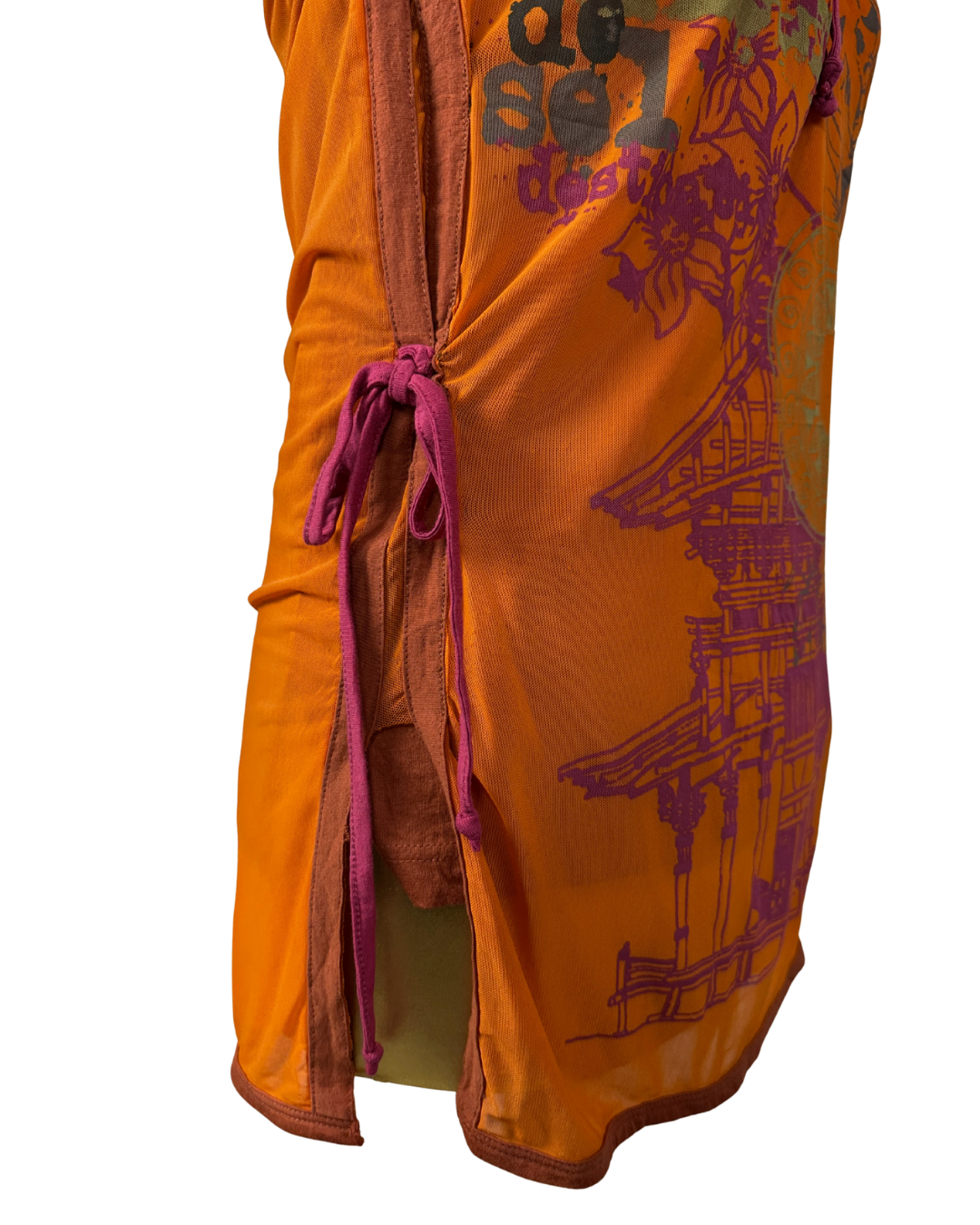 Y2K Fleur De Sel Graphic Top with Pink Tie and Sheer Overlay