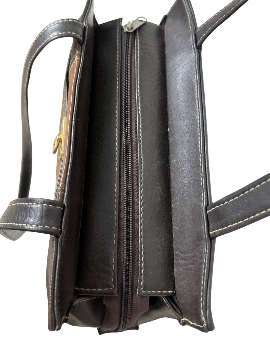 Vintage 1980s Belle Paris Brown Two-Tone Handbag with Gold Lock Detail