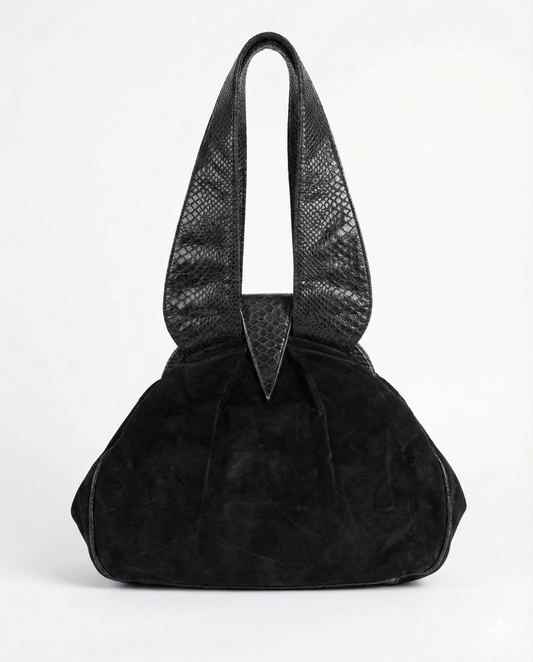 Black textured handbag with a unique design on a white background