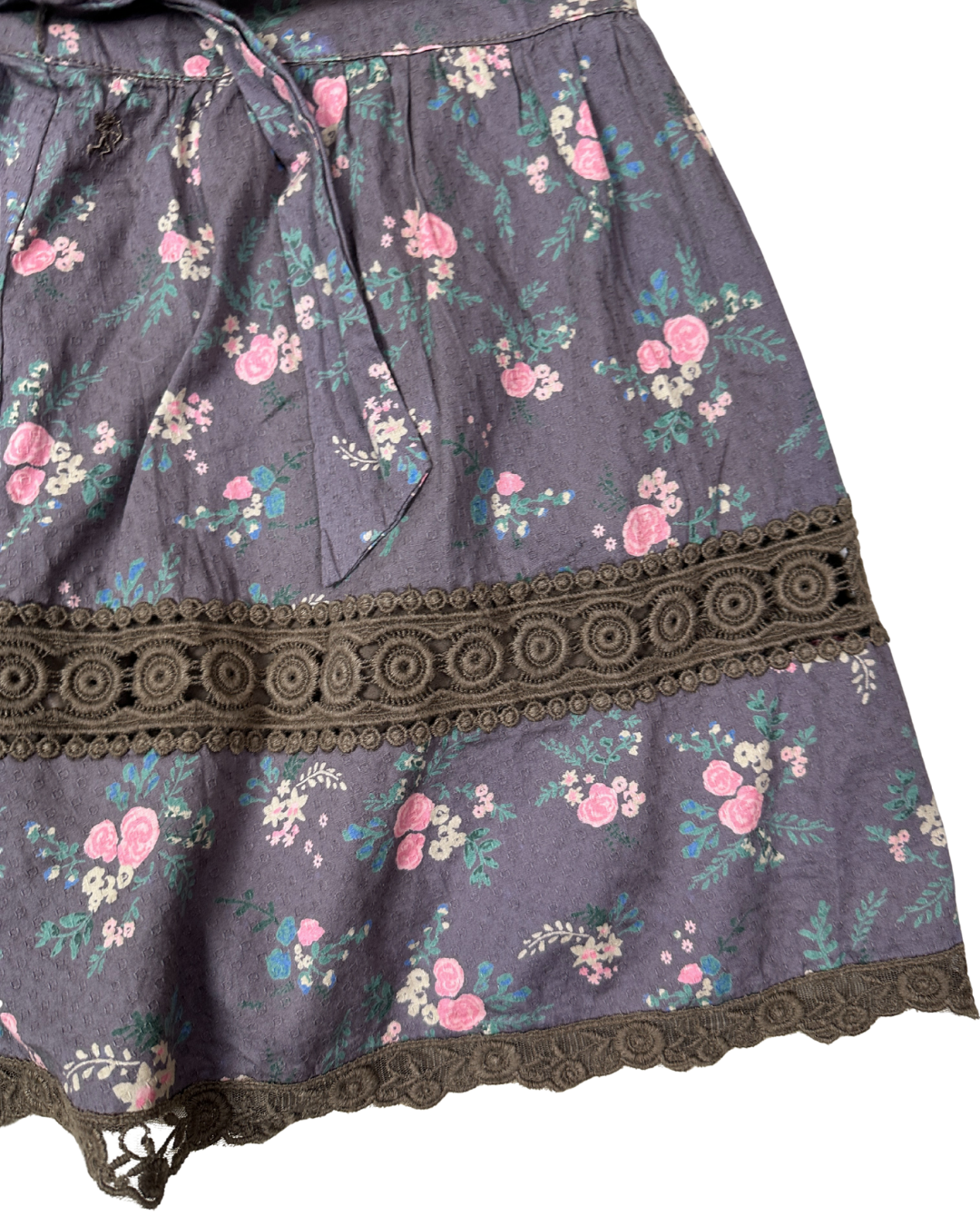 Vintage Floral Skirt with Crochet Lace Detail & Waist Tie