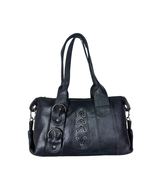 Vintage Y2K Black Genuine Leather Shoulder Bag with Buckle and Lace-Up Detail