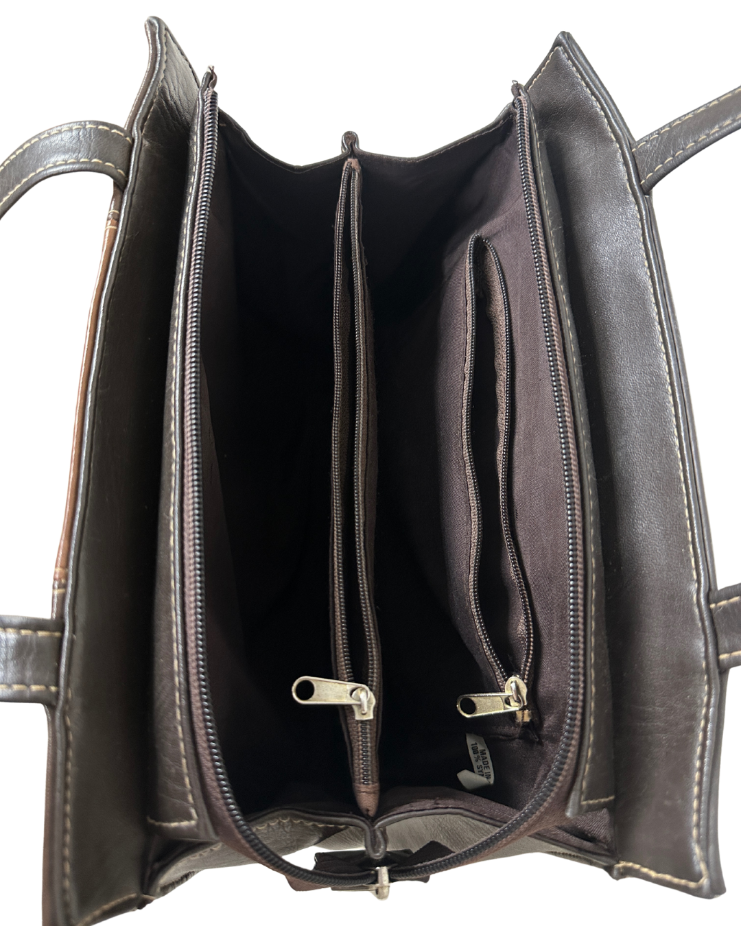 Vintage 1980s Belle Paris Brown Two-Tone Handbag with Gold Lock Detail