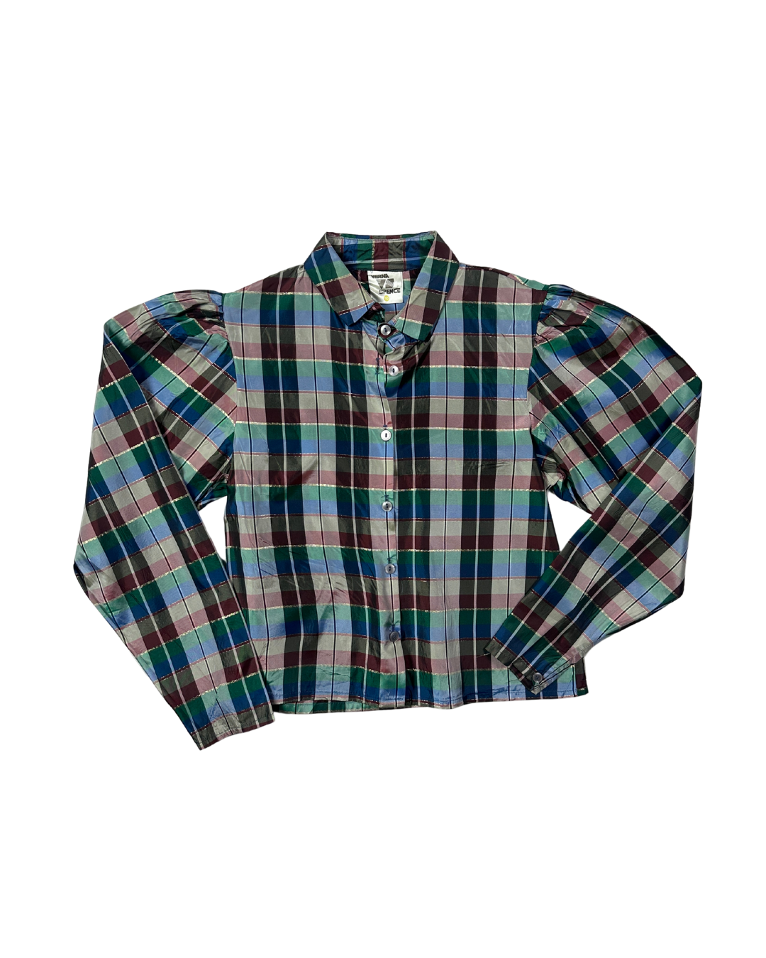 Vintage Verna Spence Plaid Puff Sleeve Cropped Fit Shirt