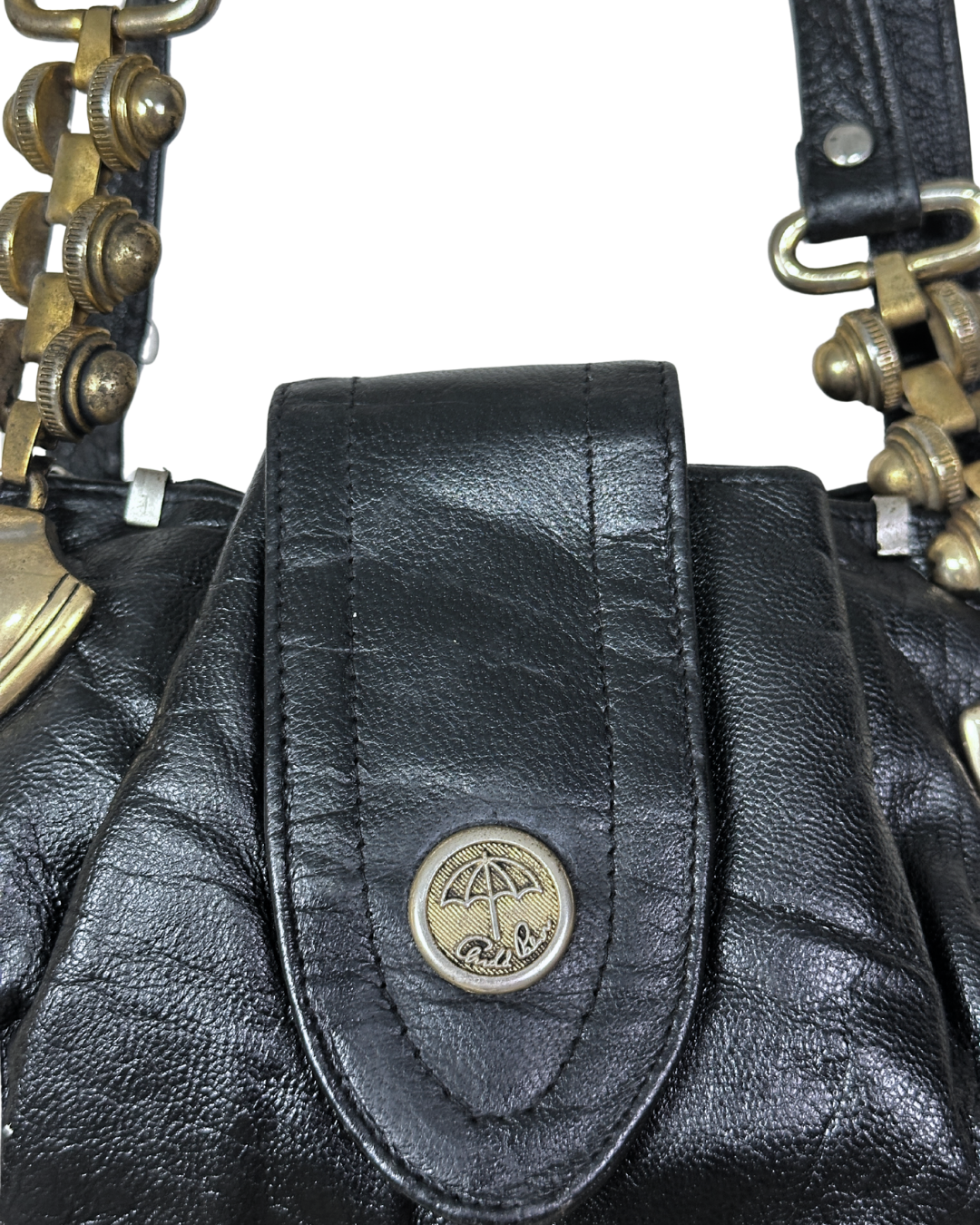 Vintage Y2K Arnold Palmer Genuine Leather Shoulder Bag w/ Brass Chain Details