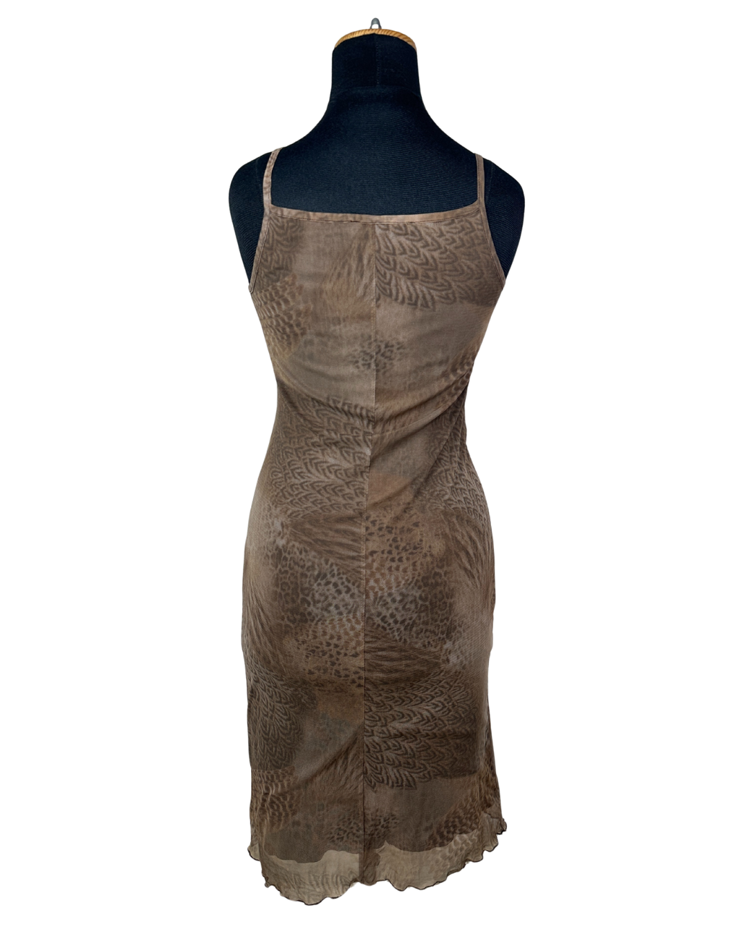 Y2K Feather Print Mesh Dress with Lettuce Hem - Small