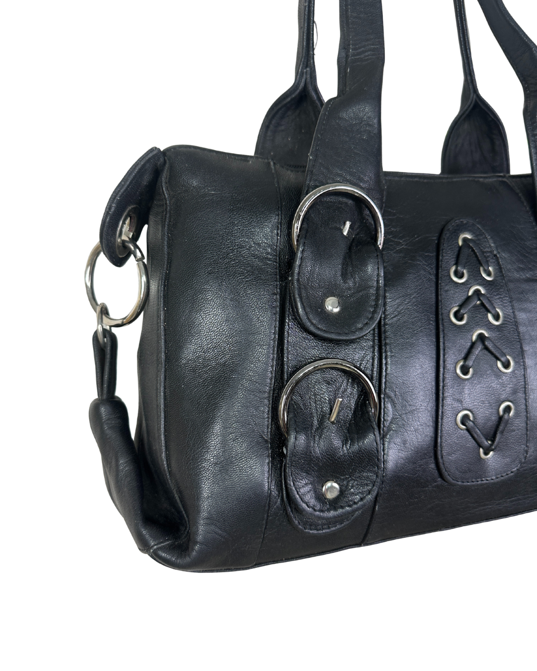 Vintage Y2K Black Genuine Leather Shoulder Bag with Buckle and Lace-Up Detail