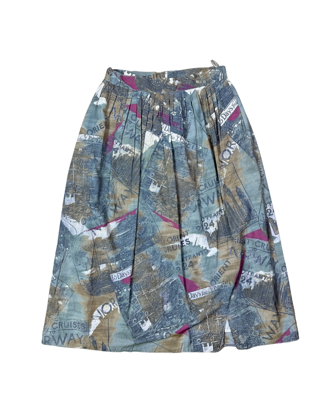 Vintage Norway Cruise Print Pleated Midi Skirt with Belt Loops