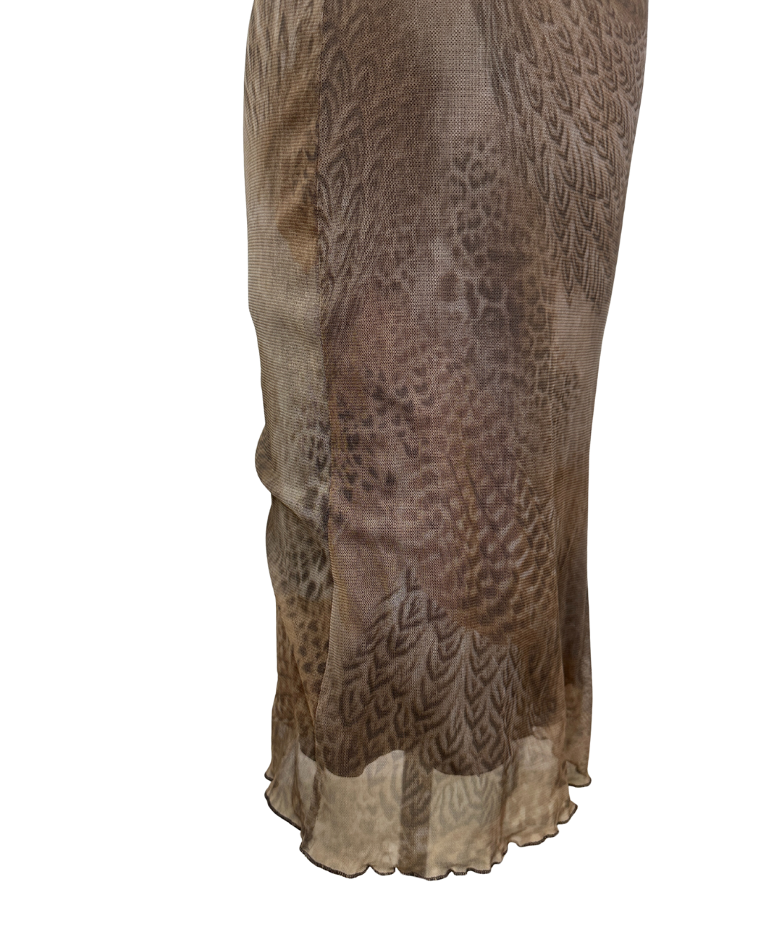 Y2K Feather Print Mesh Dress with Lettuce Hem - Small