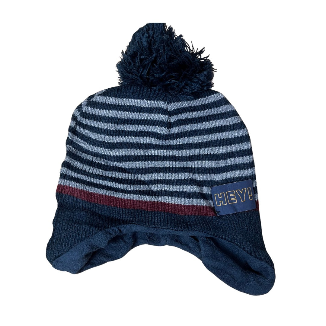 Striped Beanie with Pom-Pom – “HEY!” Patch