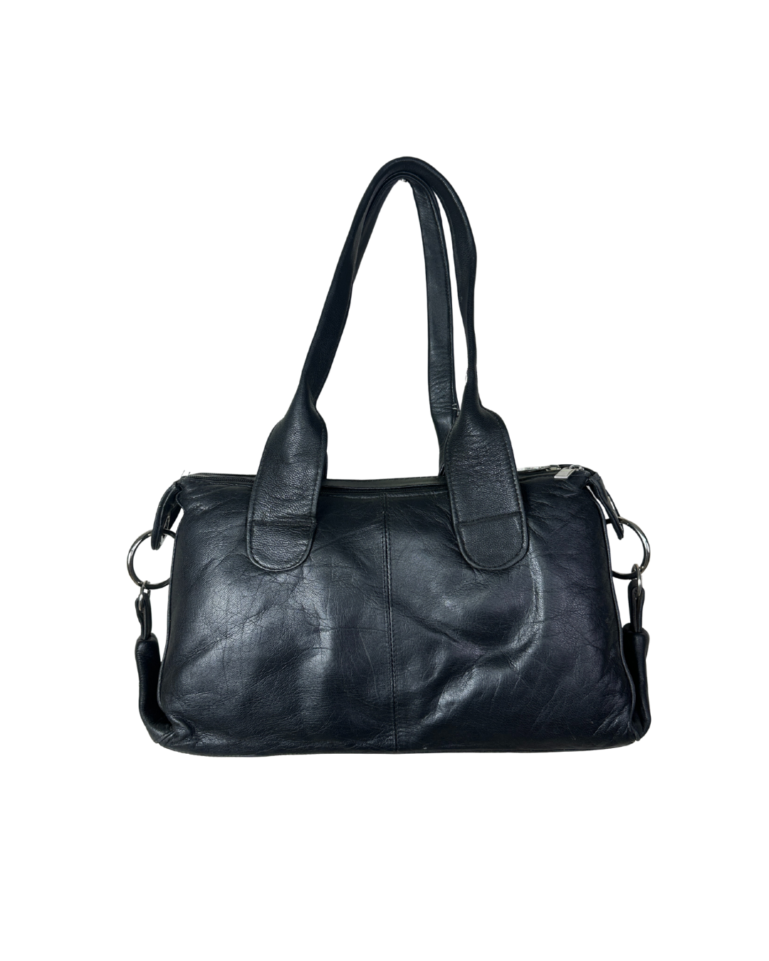 Vintage Y2K Black Genuine Leather Shoulder Bag with Buckle and Lace-Up Detail