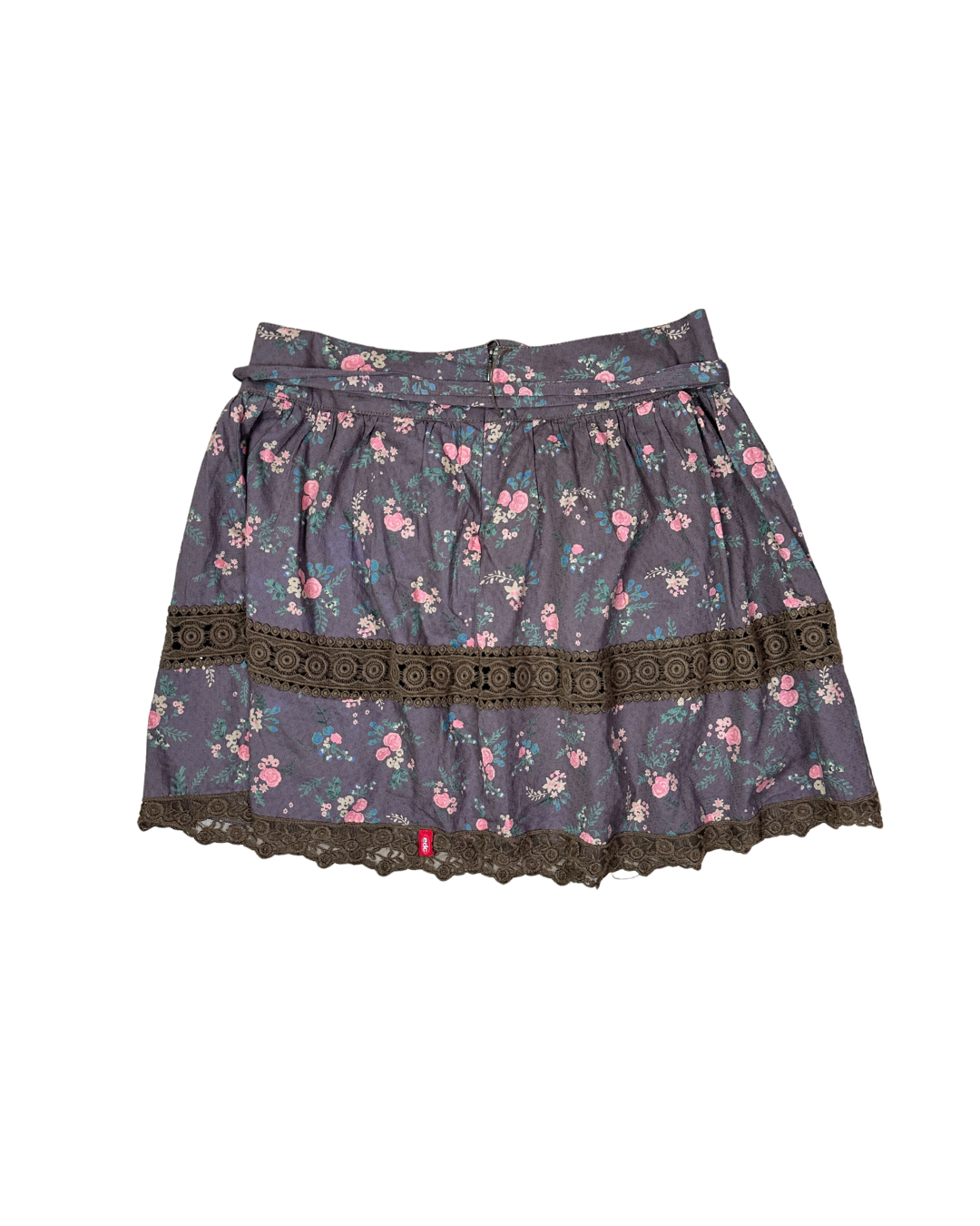 Vintage Floral Skirt with Crochet Lace Detail & Waist Tie