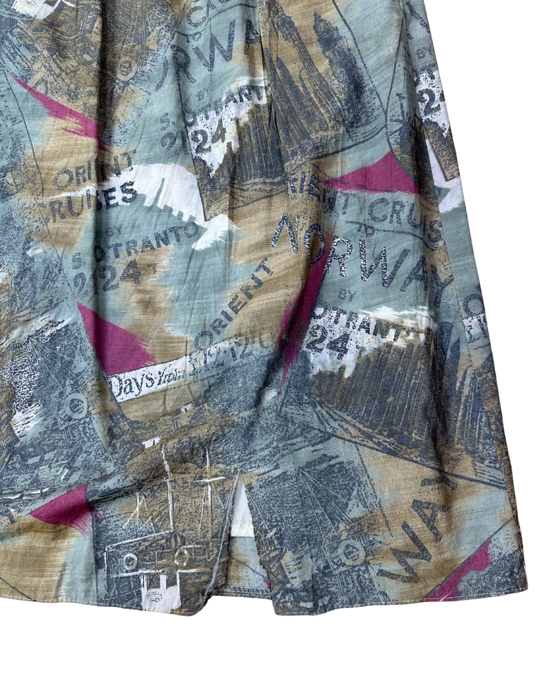Vintage Norway Cruise Print Pleated Midi Skirt with Belt Loops