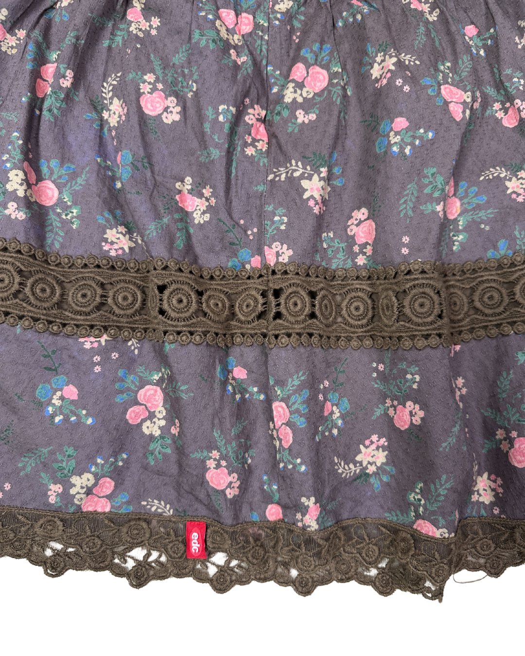 Vintage Floral Skirt with Crochet Lace Detail & Waist Tie