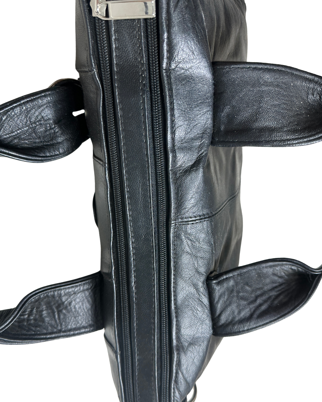 Vintage Y2K Black Genuine Leather Shoulder Bag with Buckle and Lace-Up Detail