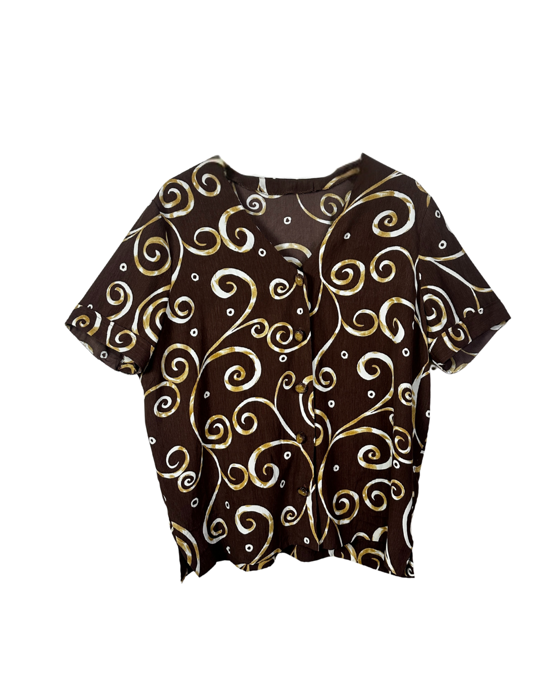 Vintage Swirl Print Short Sleeve Button-Up Blouse
