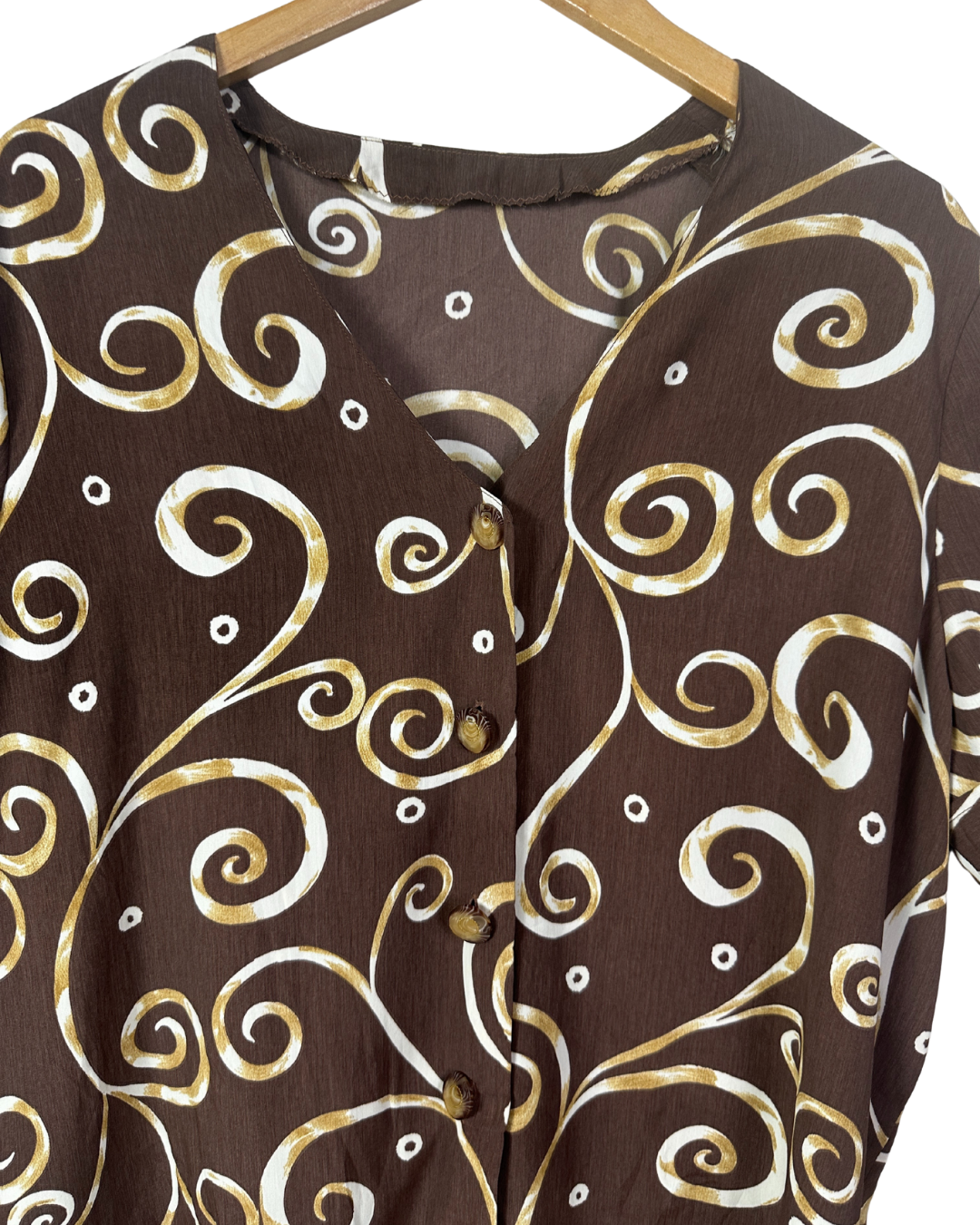 Vintage Swirl Print Short Sleeve Button-Up Blouse