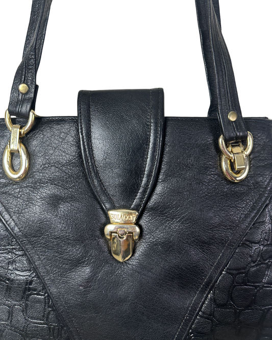 90s Genuine Leather Shoulder Bag with Gold Lock Detail