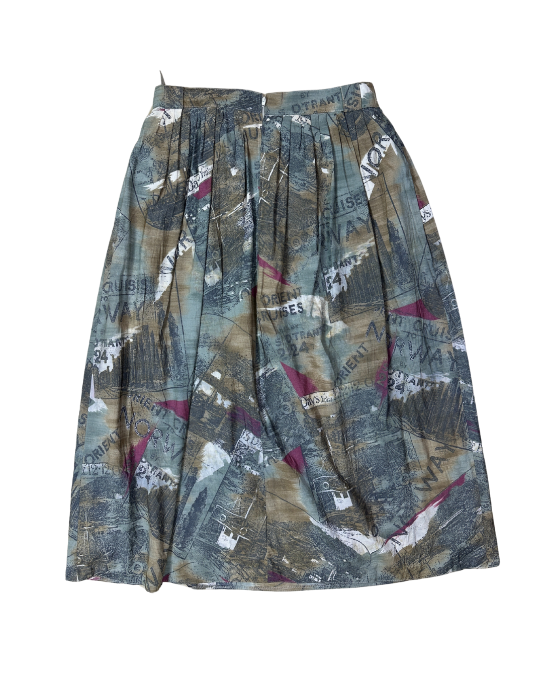 Vintage Norway Cruise Print Pleated Midi Skirt with Belt Loops