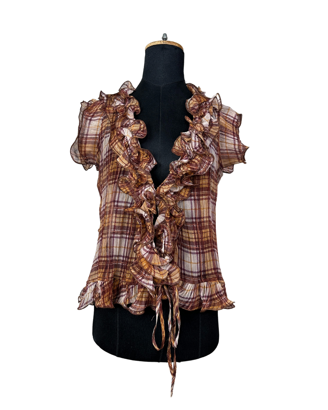 Ruffle Front Plaid Sheer Blouse