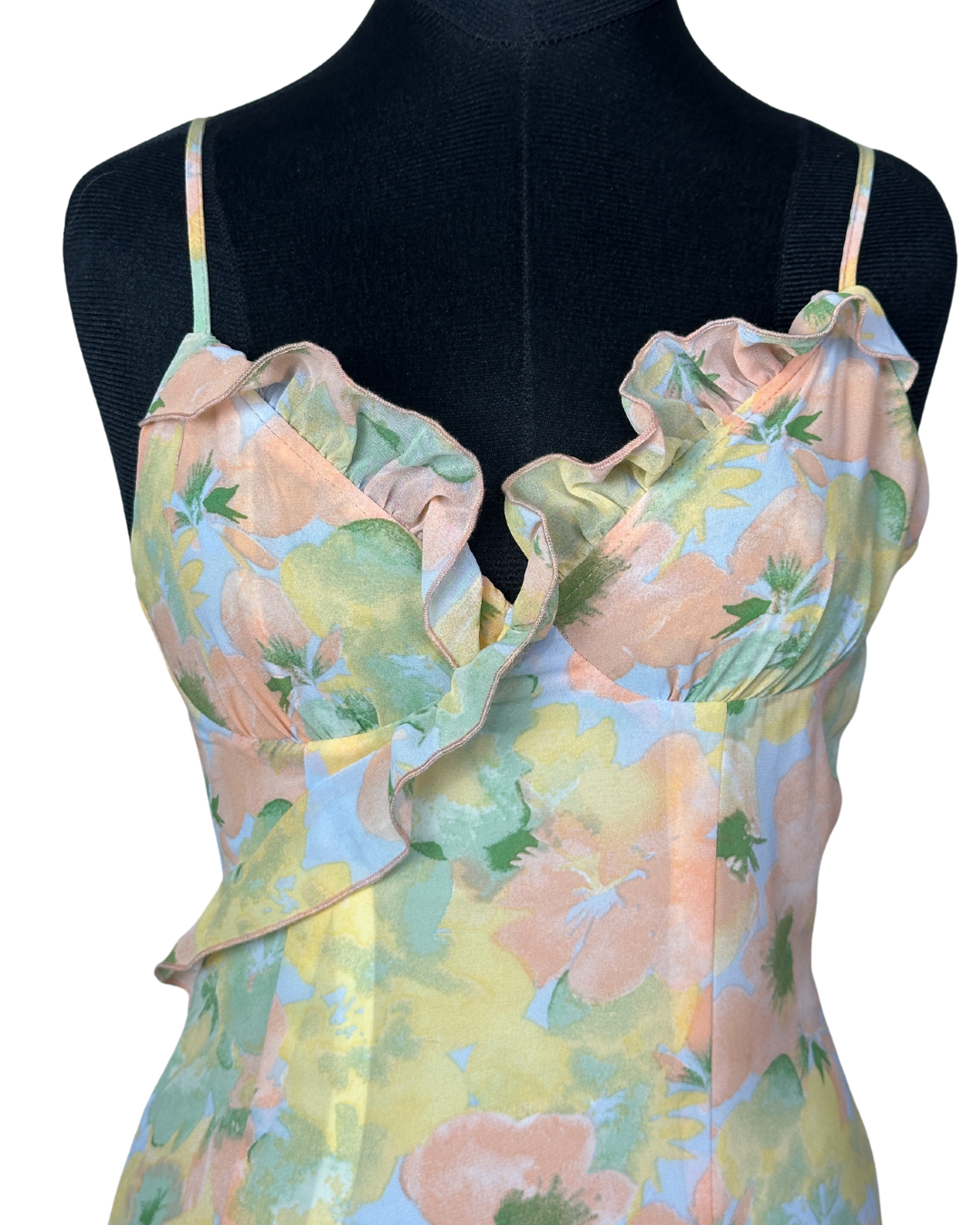 Floral Ruffle Asymmetrical Midi Dress – Pastel Slip Style