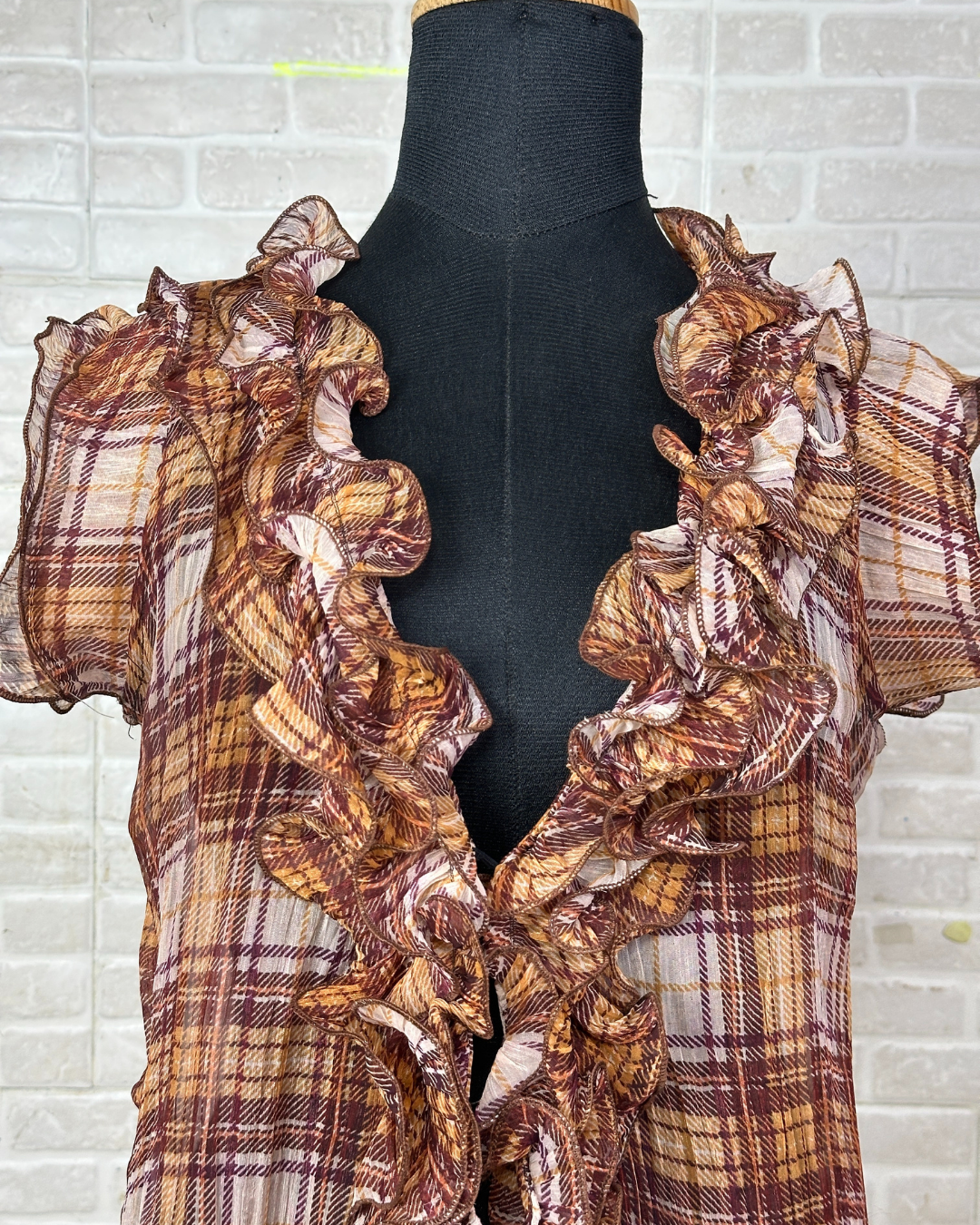 Ruffle Front Plaid Sheer Blouse