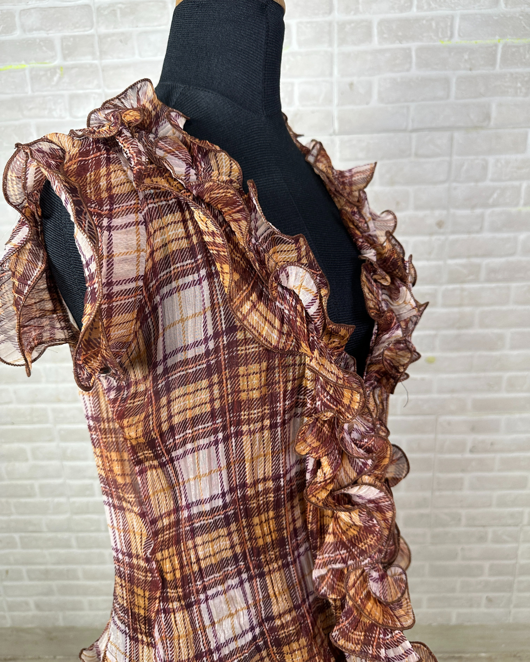 Ruffle Front Plaid Sheer Blouse