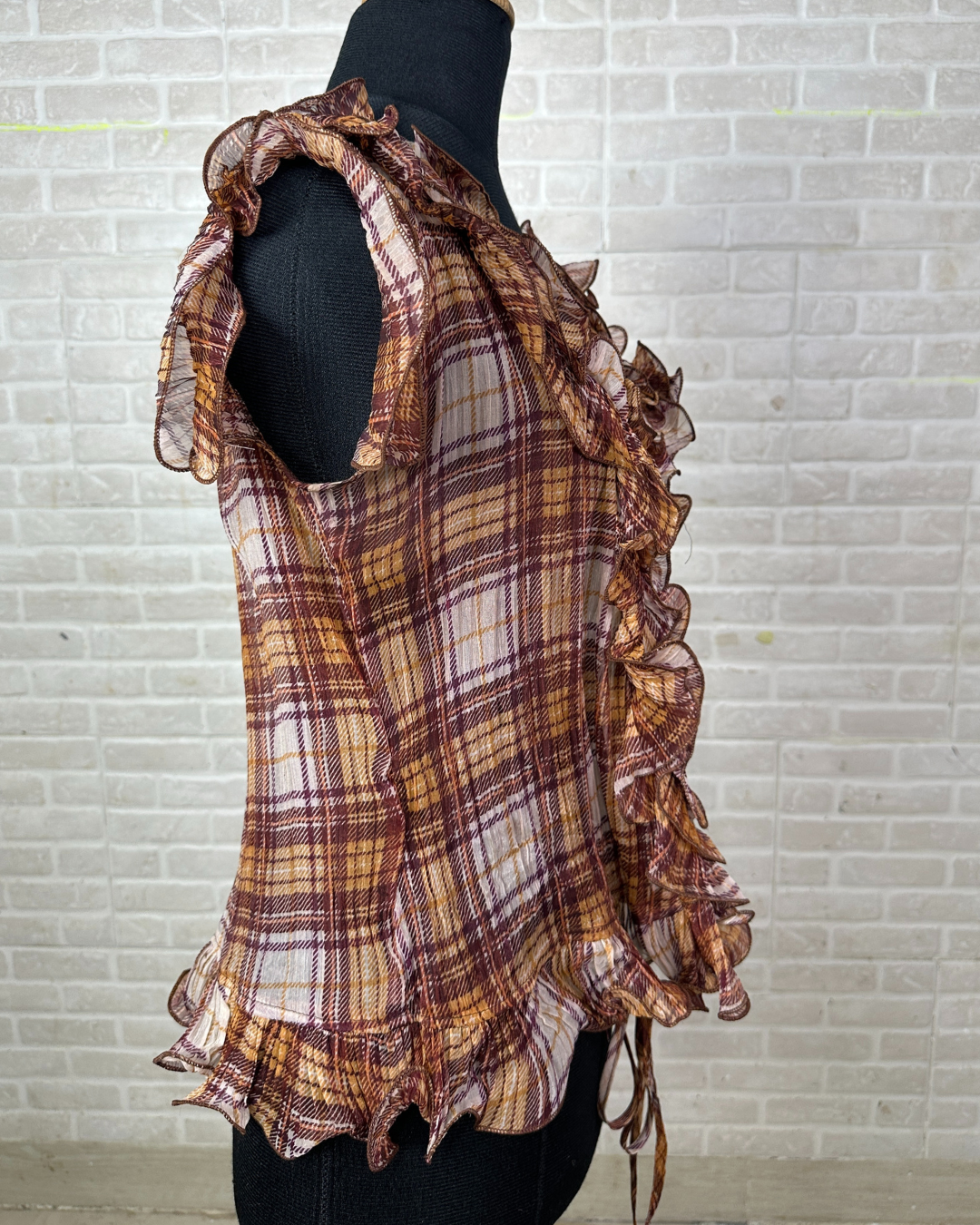 Ruffle Front Plaid Sheer Blouse